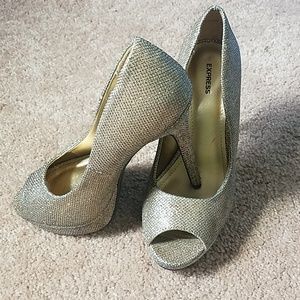 Express gold sparkle peep toe heels size 7.5